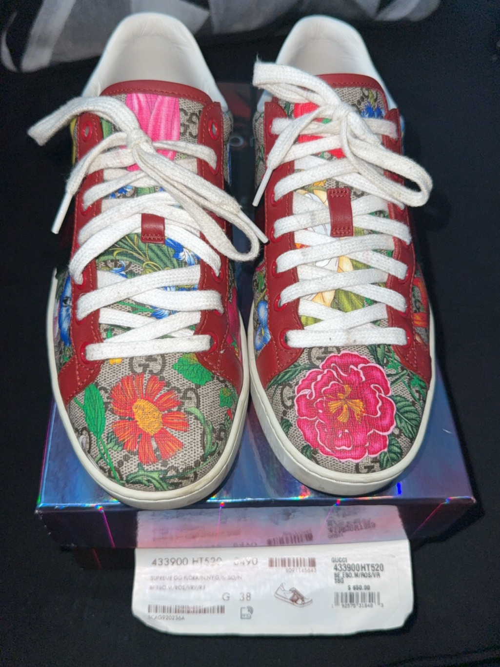 Gucci Metallic Red And Green Floral Heel Tab Low-Top Sneakers